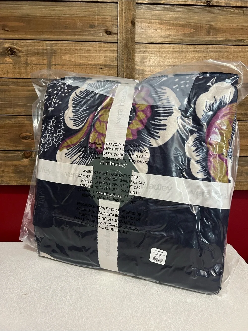Vera Bradley Navy Seurat Floral Velvet Throw Blanket with White & Purple Blooms